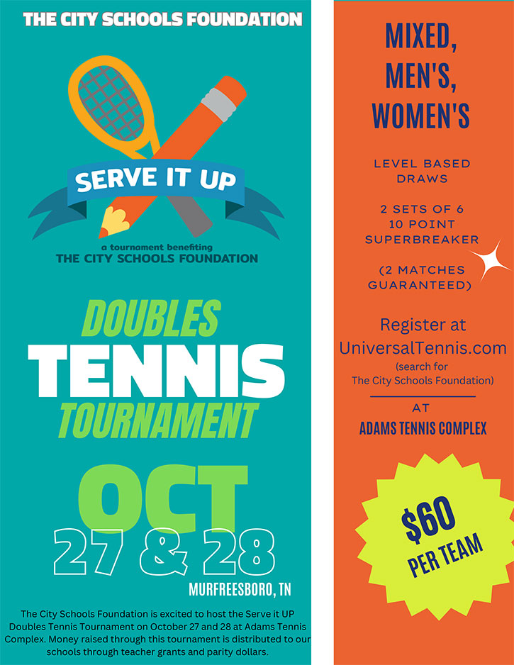 The City Schools Foundation Presents a Double Tennis Tournament on October 27 & 28.